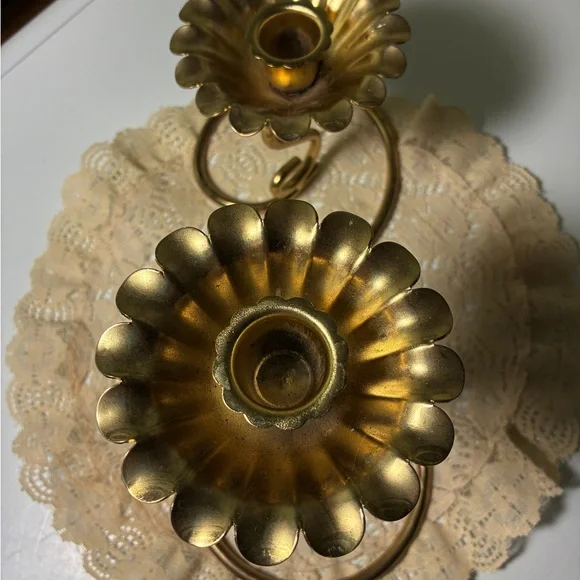Vintage Metal Candlestick Holder Double Gold Tone Floral Tapered - Picture 3 of 5